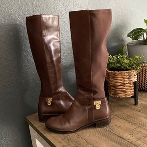 Brown and gold Michael Kors tall boots with 1 inch heel